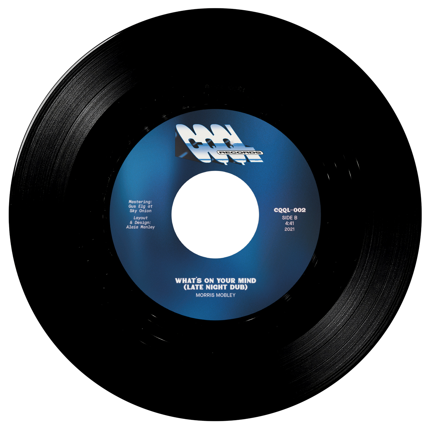 Vinyl record with blue label on a white background