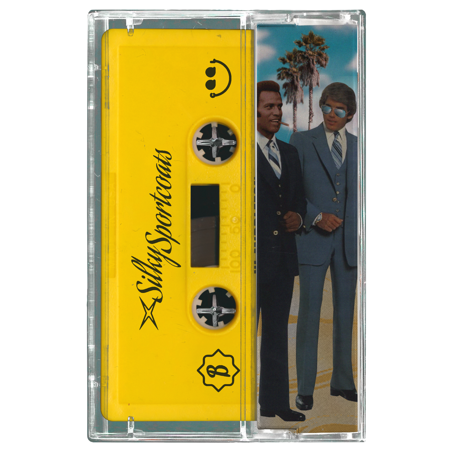 Cassette tape with yellow cover featuring a graphic of two men in suits and sunglasses.