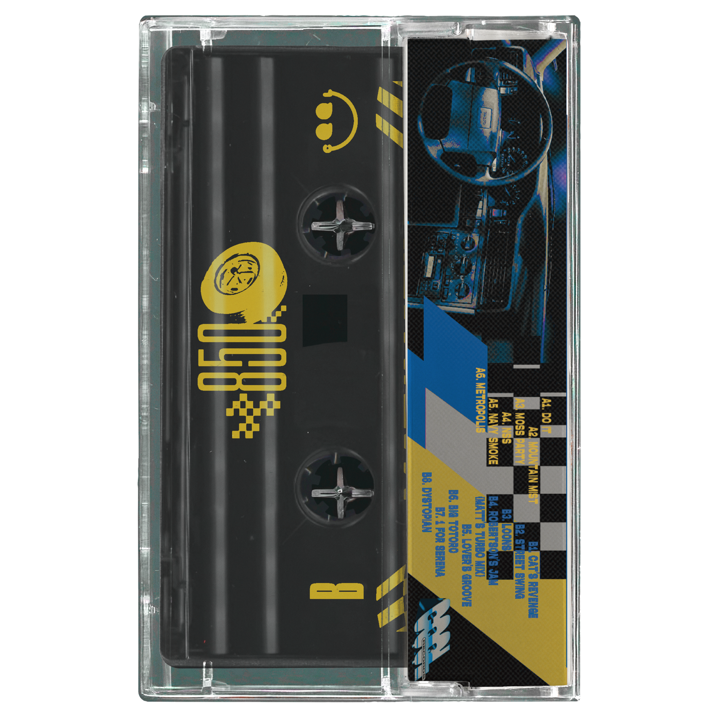 Cassette tape with a checkered design and yellow logo on a white background