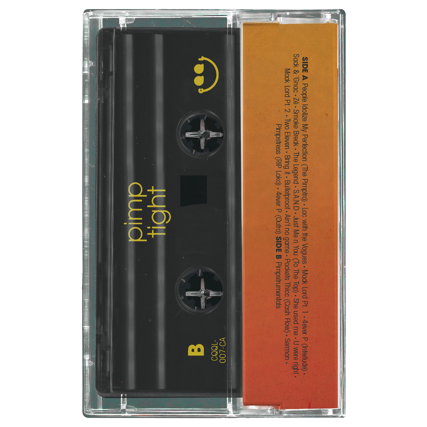 Cassette tape with 'pimp tight' branding on a white background