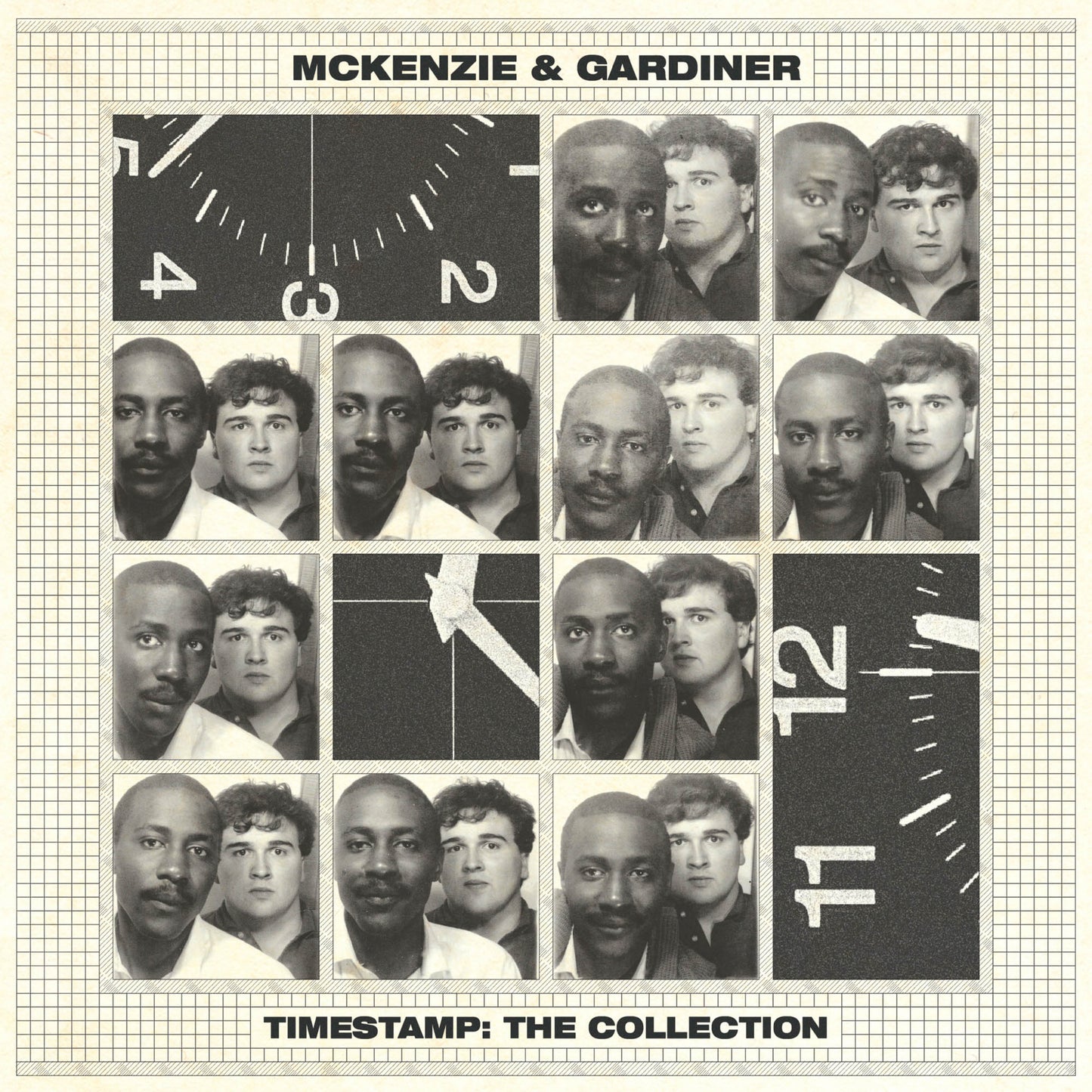 Album cover with grid of black and white portraits and clock design, featuring 'Mckenzie & Gardiner' and 'Timestamp: The Collection'.