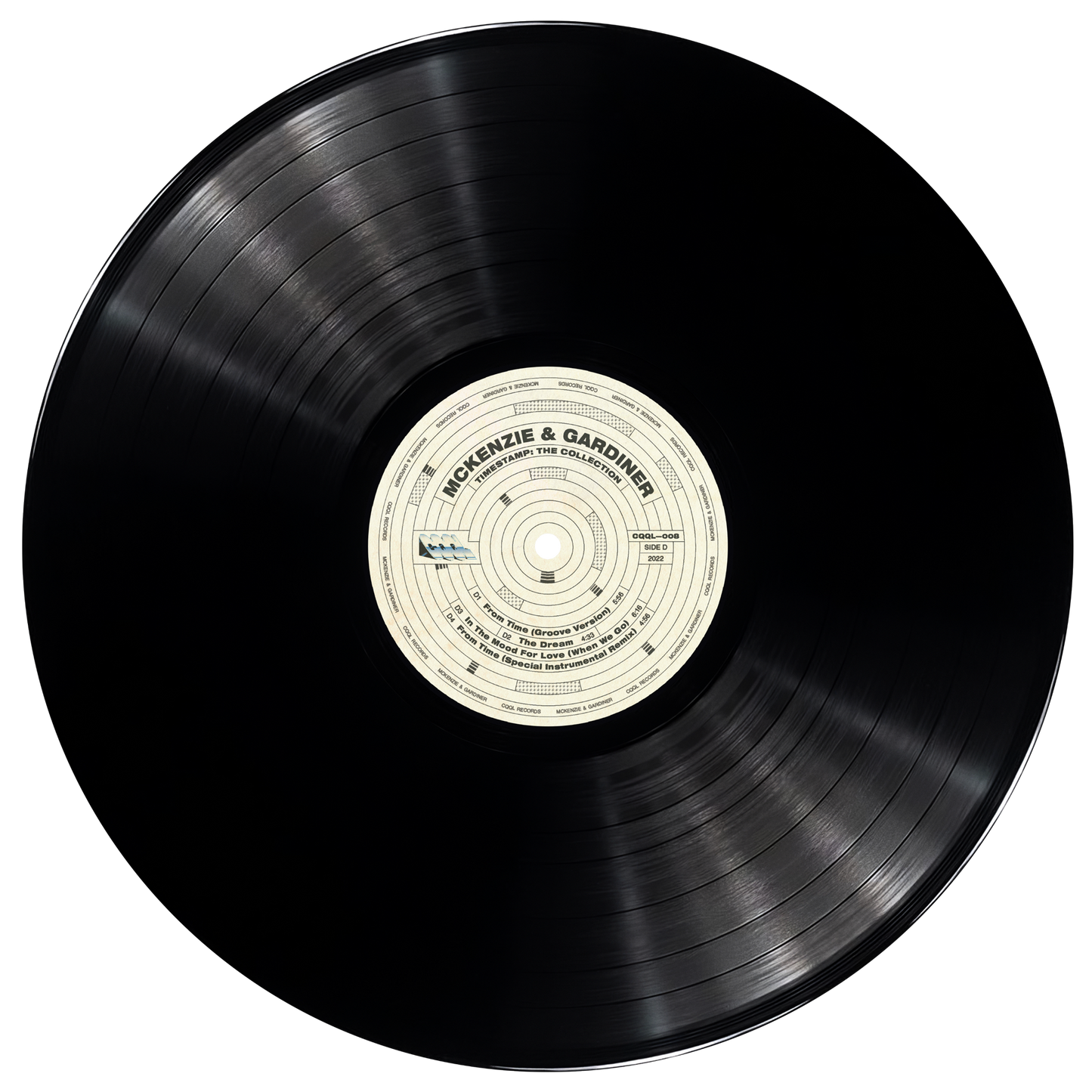 Black vinyl record with a label on a white background