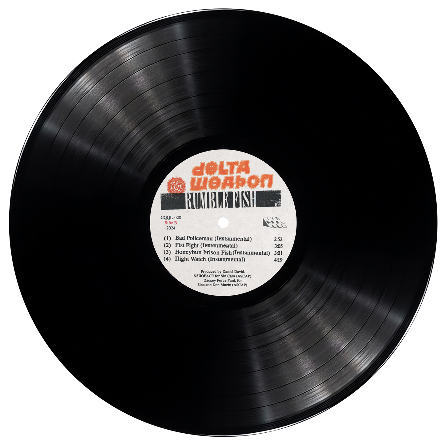 Vinyl record with a label featuring 'Delta Weapon' on a white background