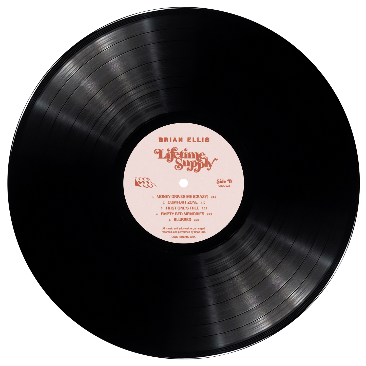 Vinyl record with a very light pink label on a white background