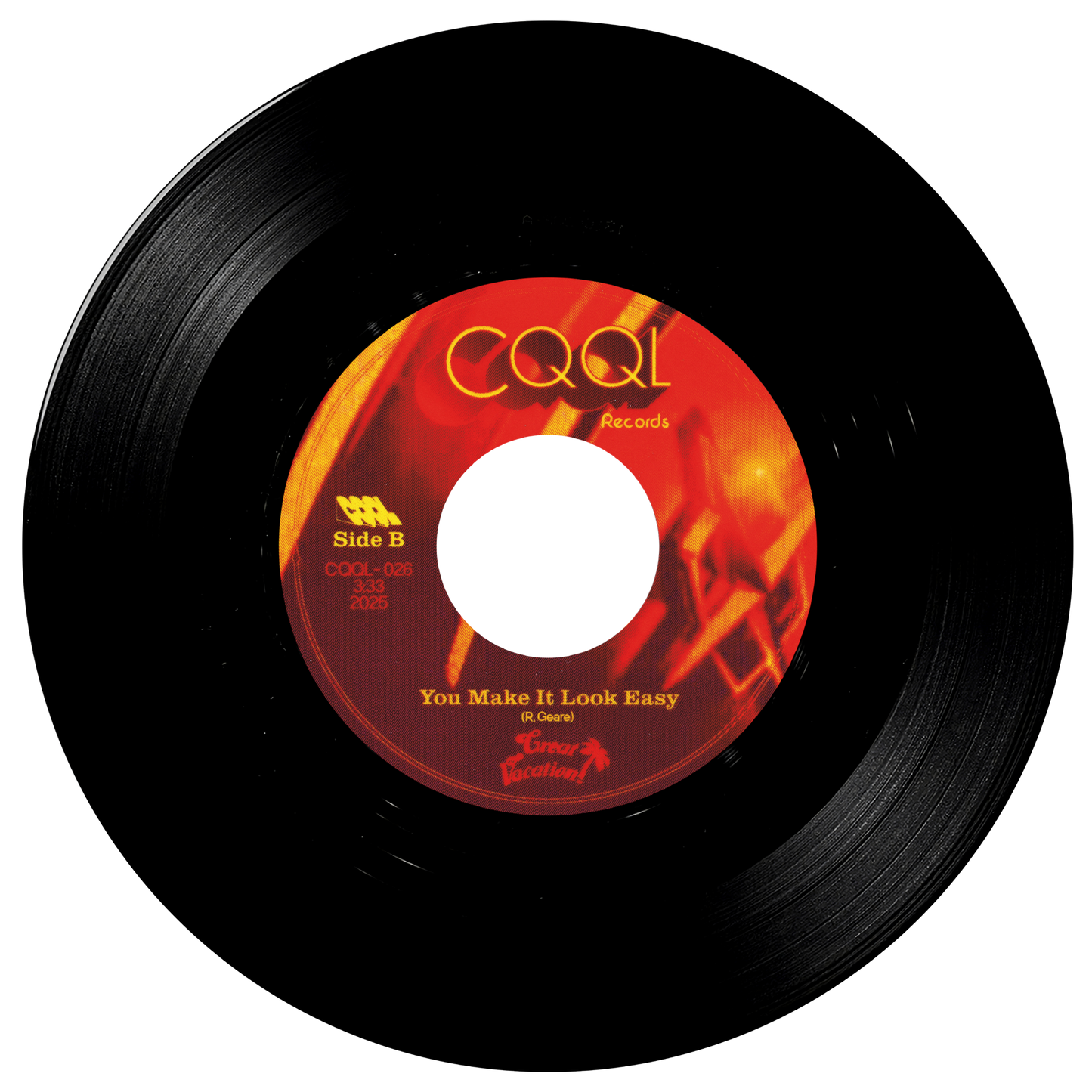 Vinyl record with a red label on a white background