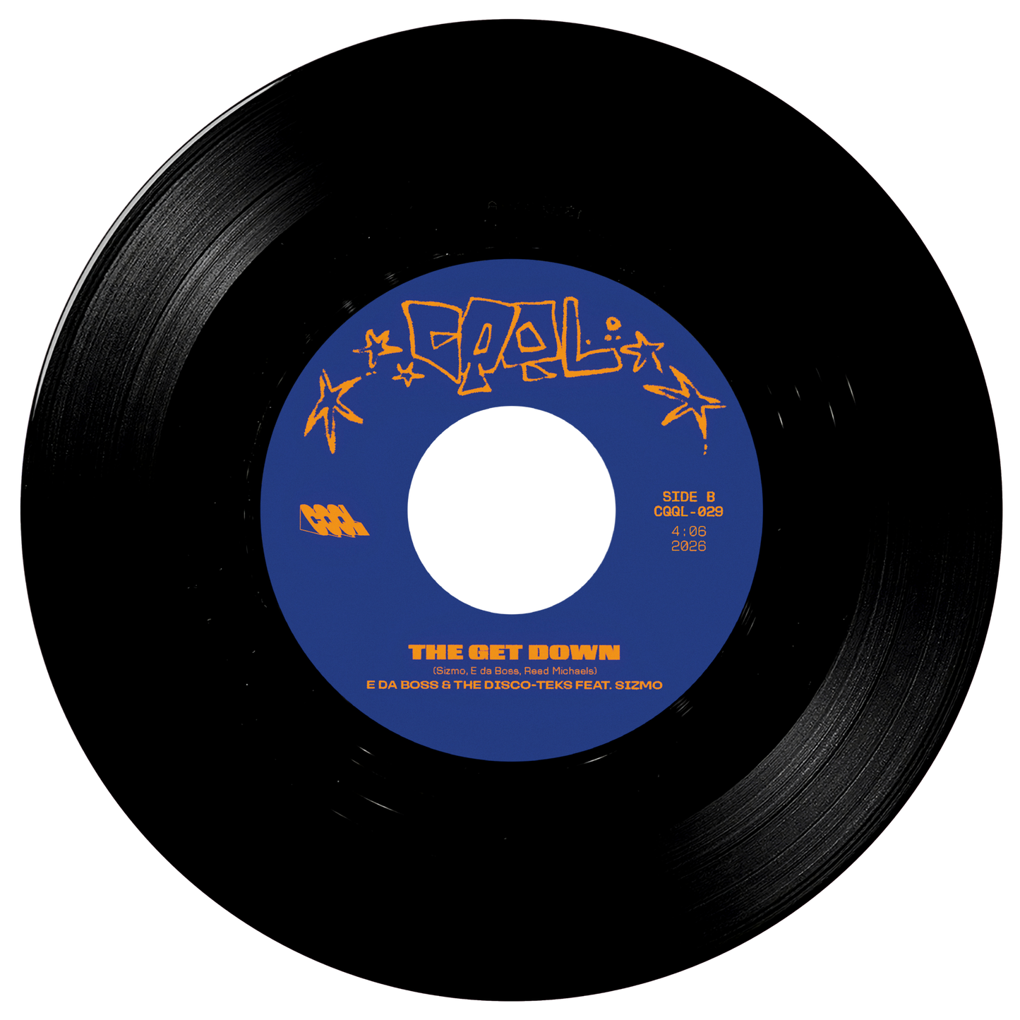 Black vinyl record with a blue label featuring text and graphics on a white background