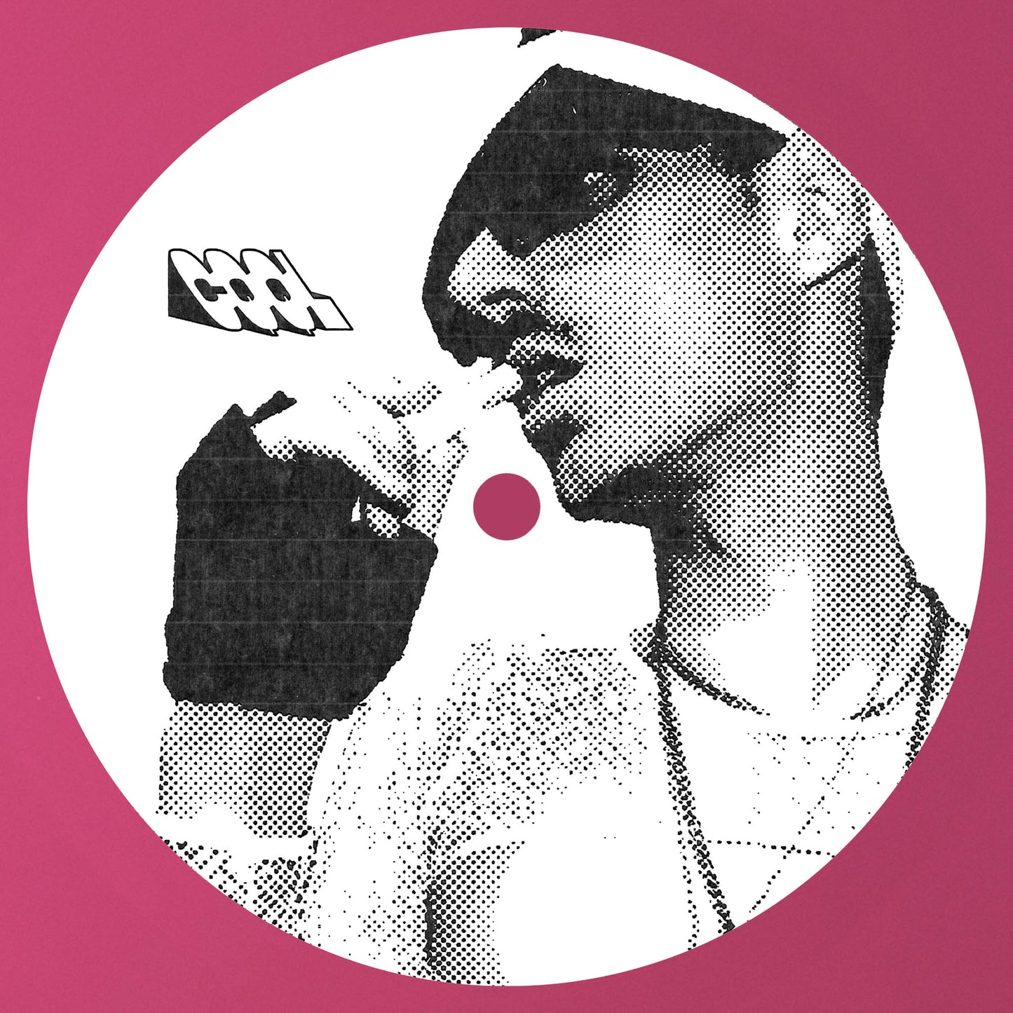 Black and white illustration of a person with on a pink background