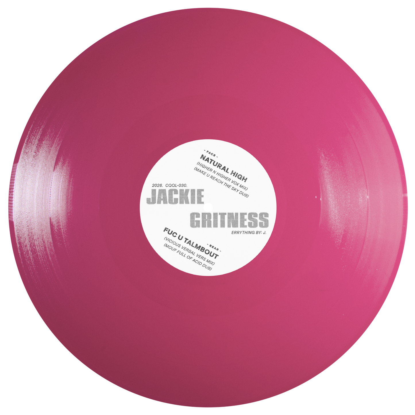 Pink vinyl record with a white label on a white background