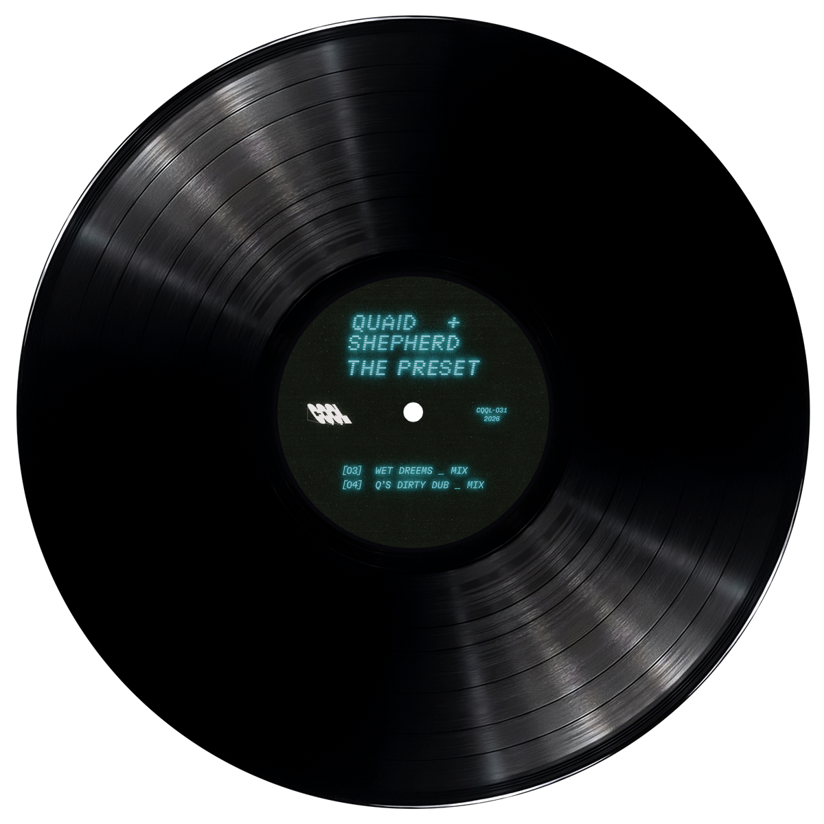 Black vinyl record with text on a white background