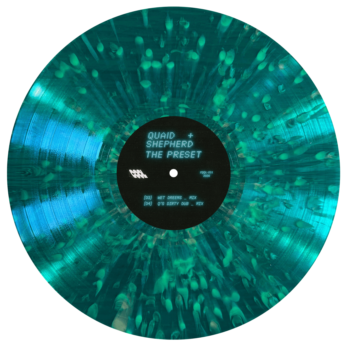 Vinyl record with a green and blue gradient and visible text on a white background