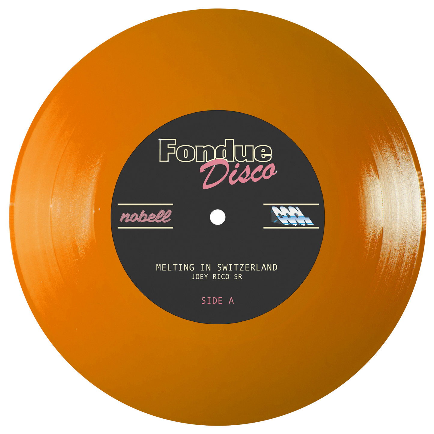 Orange vinyl record with black label featuring 'Fondue Disco' on a white background