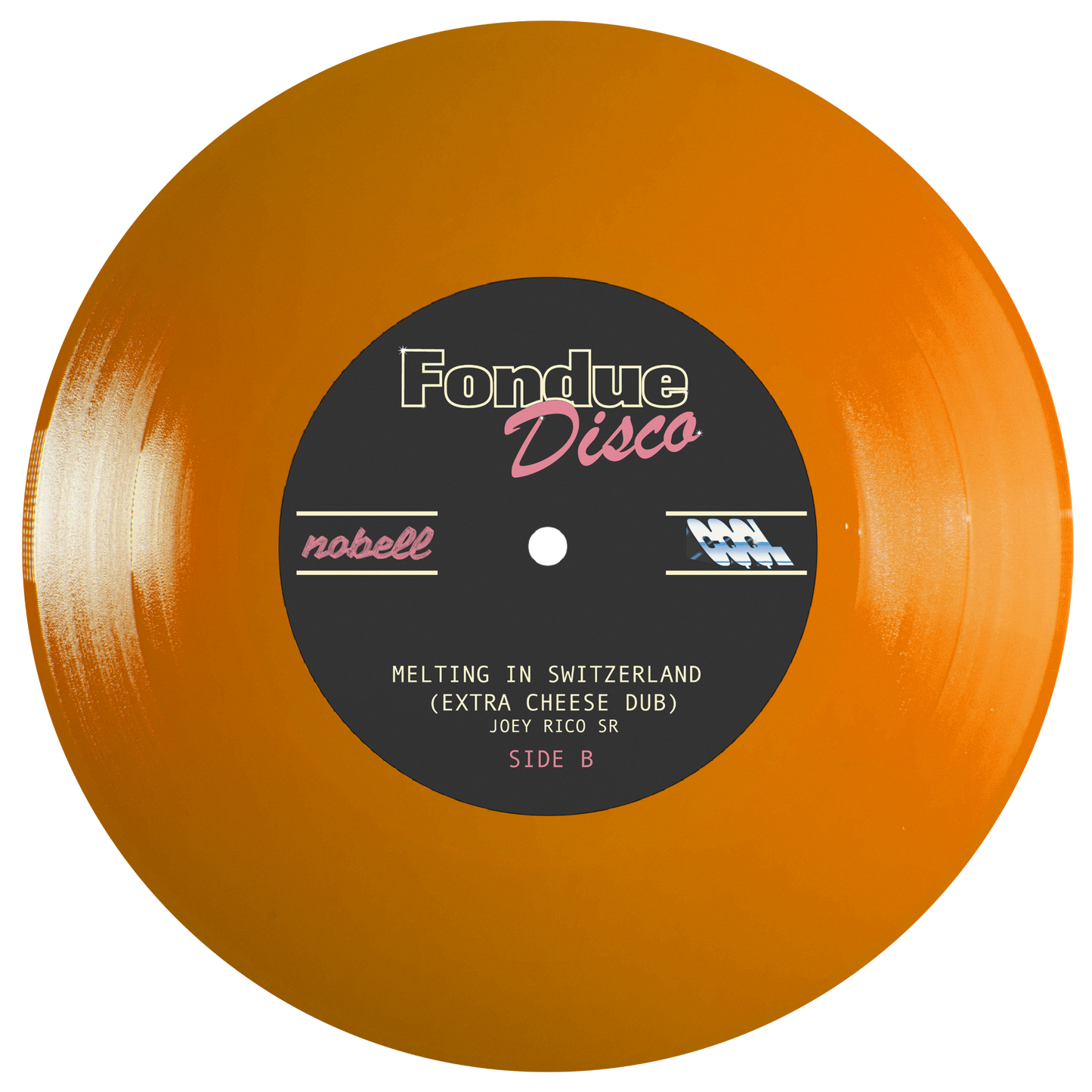 Orange vinyl record with 'Fondue Disco' label on a white background