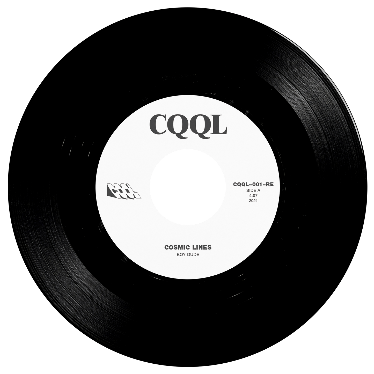 Black vinyl record with white label displaying 'CQQL' and 'Cosmic Lines' text.