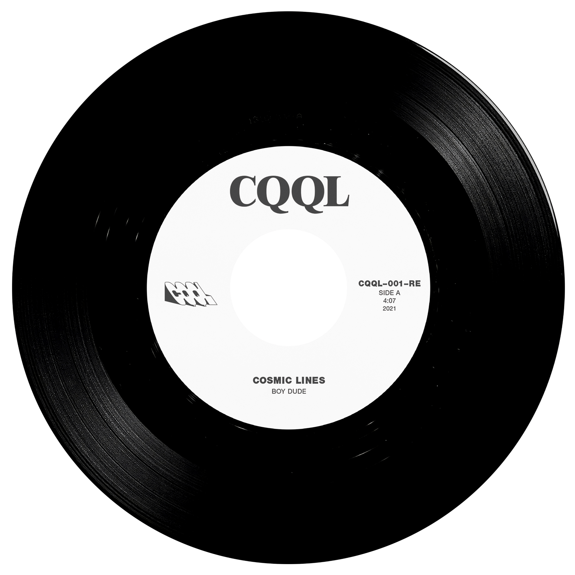 Black vinyl record with white label displaying 'CQQL' and 'Cosmic Lines' text.