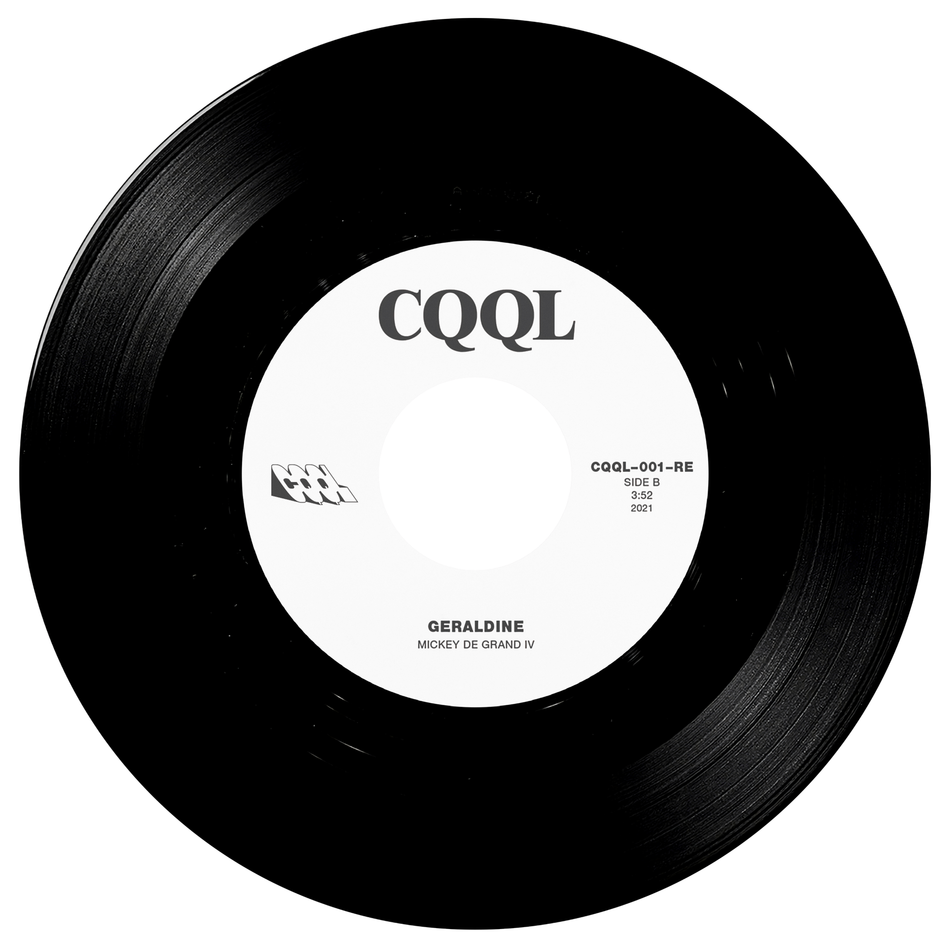Black vinyl record with a white label displaying 'CQQL' and text.