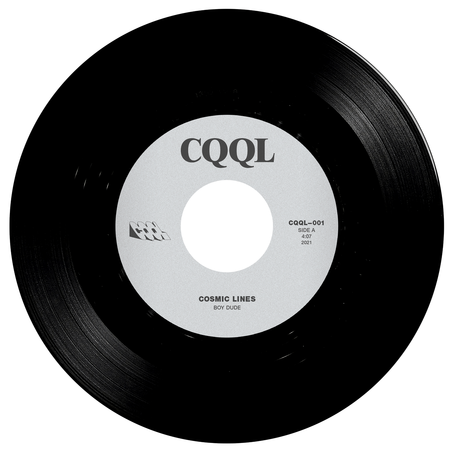 Black vinyl record with a white label featuring 'CQQL' on a white background