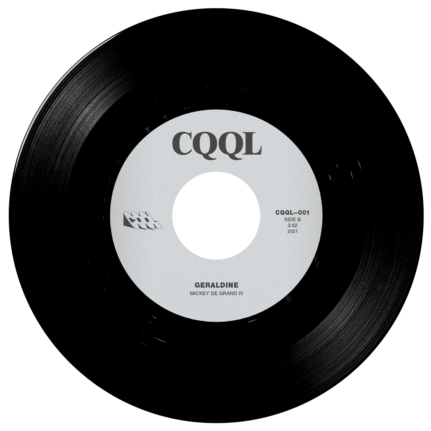 Black vinyl record with a white label displaying 'CQQL' on a white background