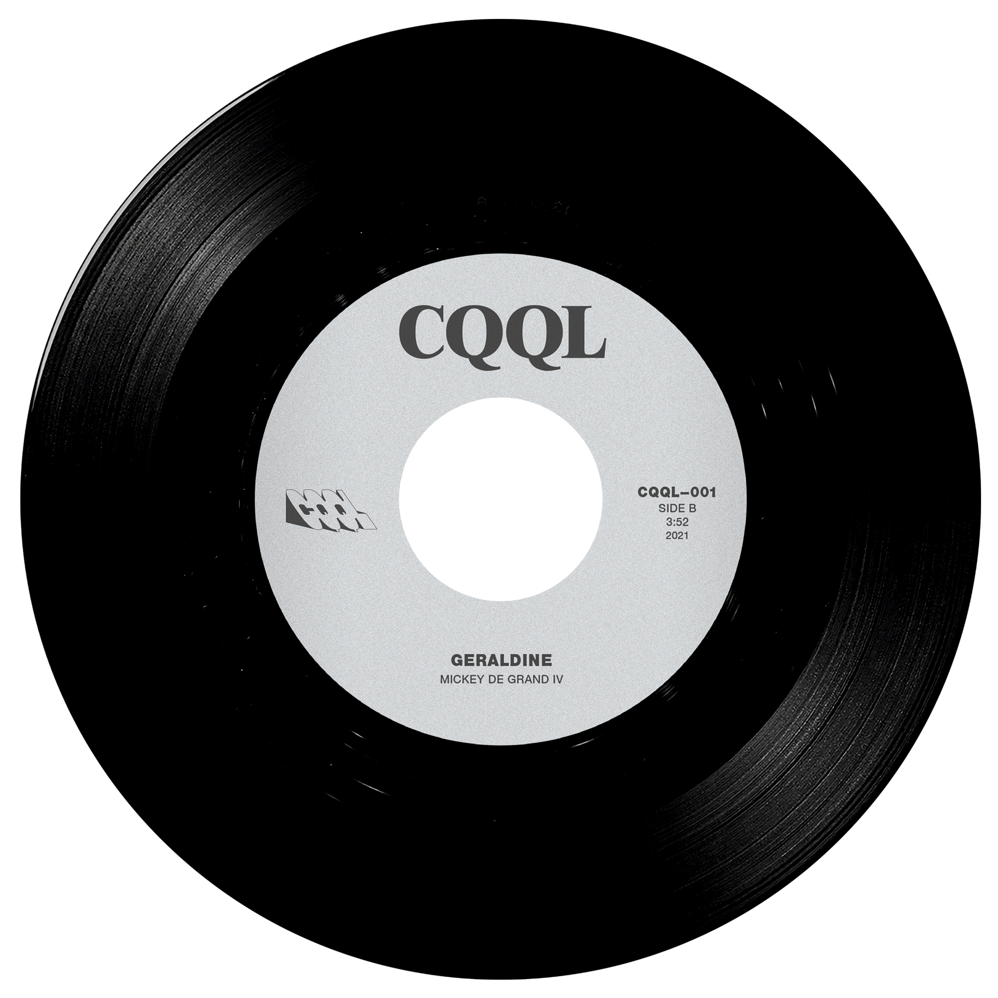 Black vinyl record with a white label displaying 'CQQL' on a white background