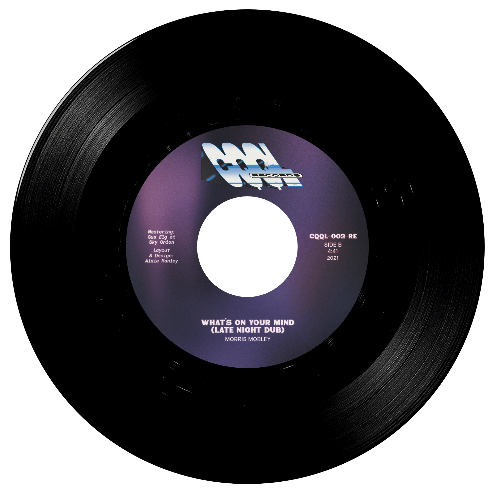 Vinyl record with a purple label on a white background