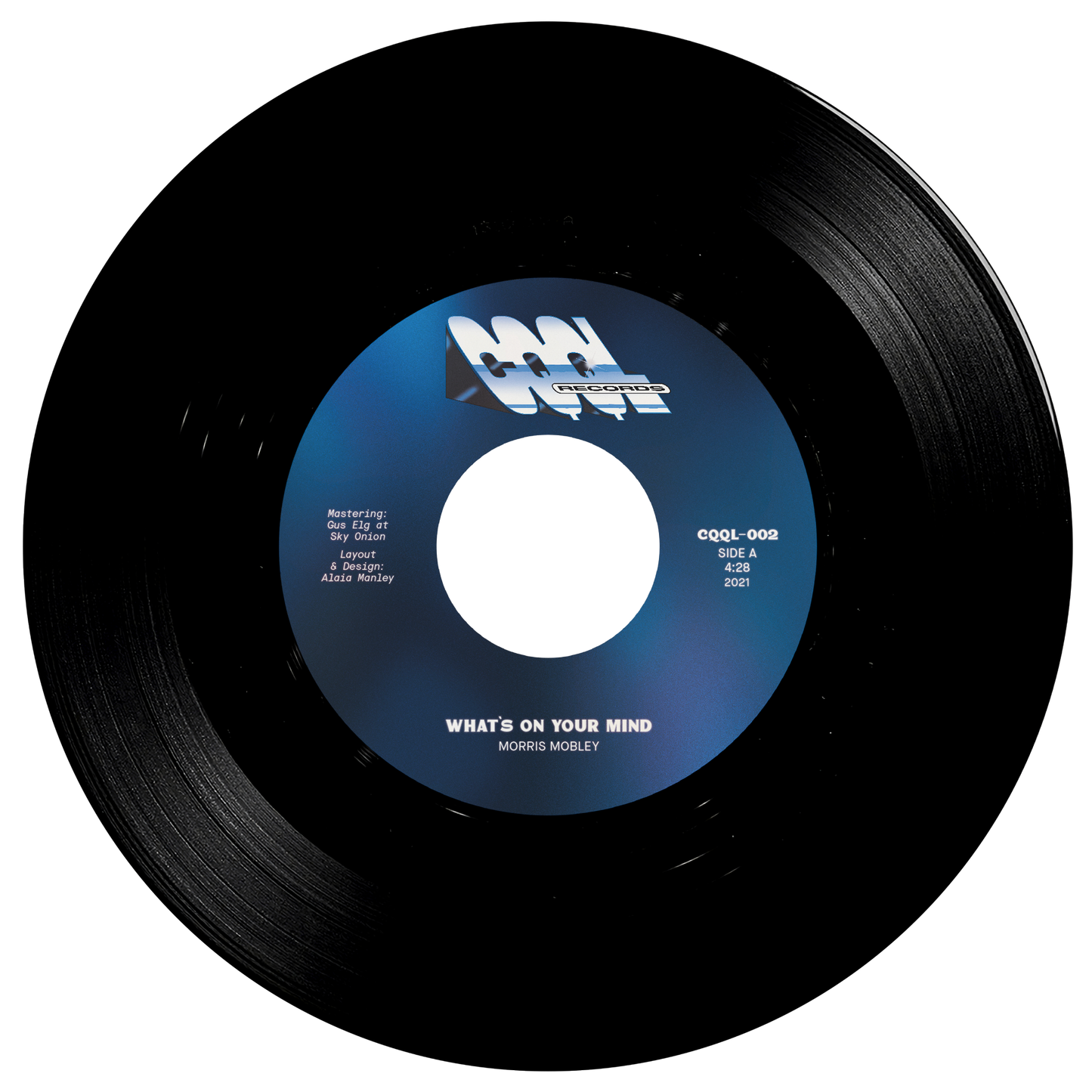 Vinyl record with a blue label on a white background