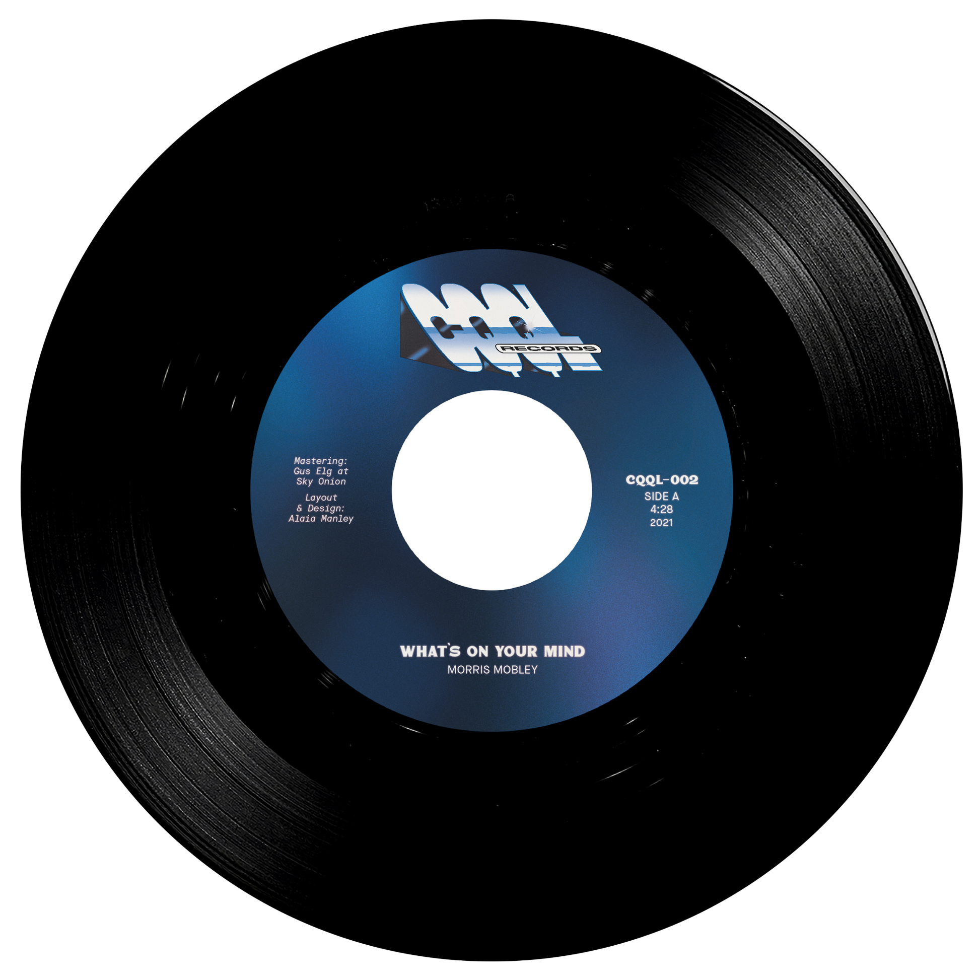 Vinyl record with a blue label on a white background
