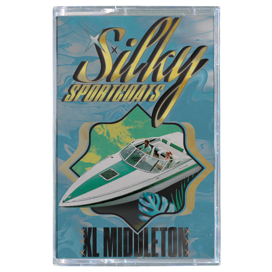 Cassette tape with "Silky Sportcoats" text and a boat graphic on a blue background
