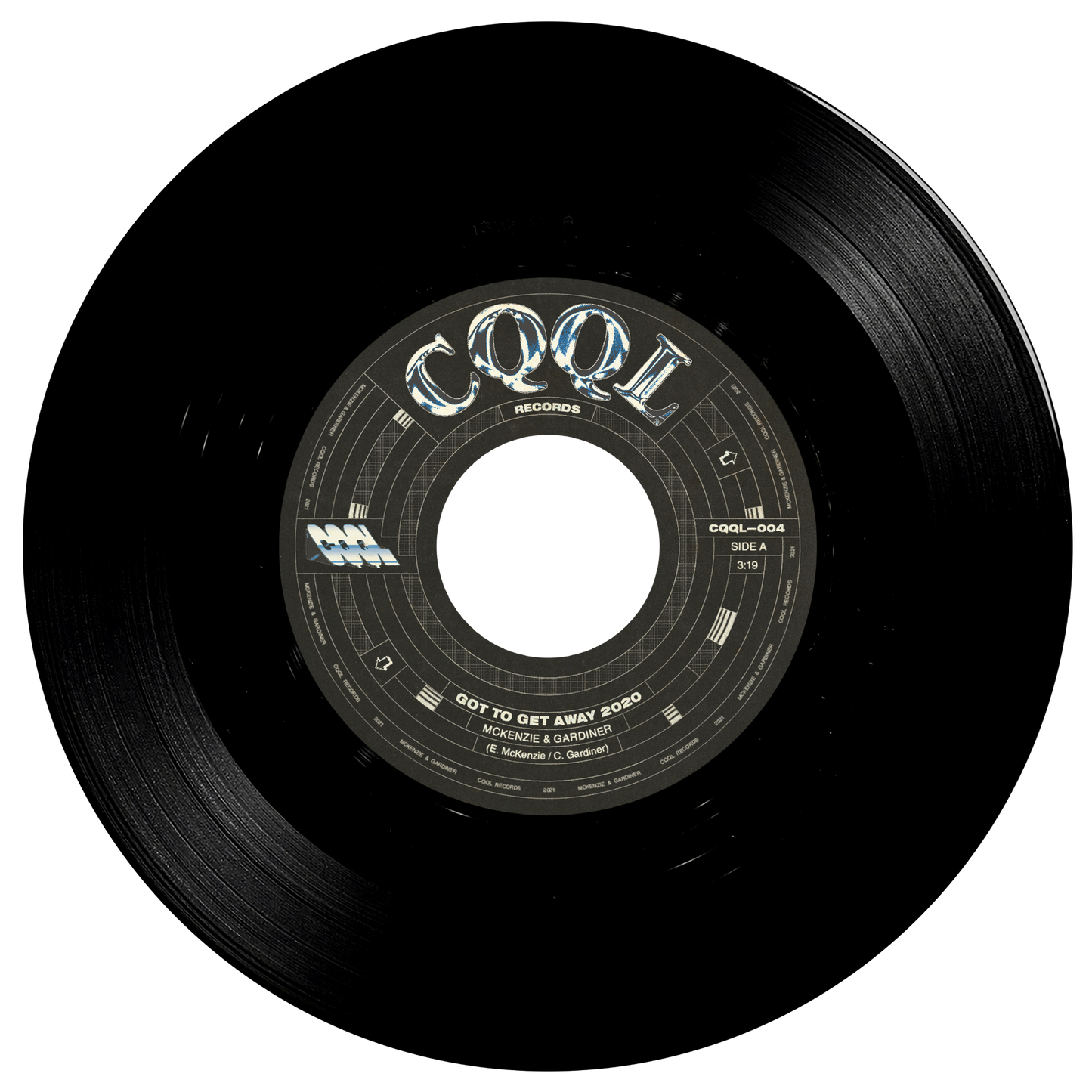Black vinyl record with 'CQQL' label on a white background