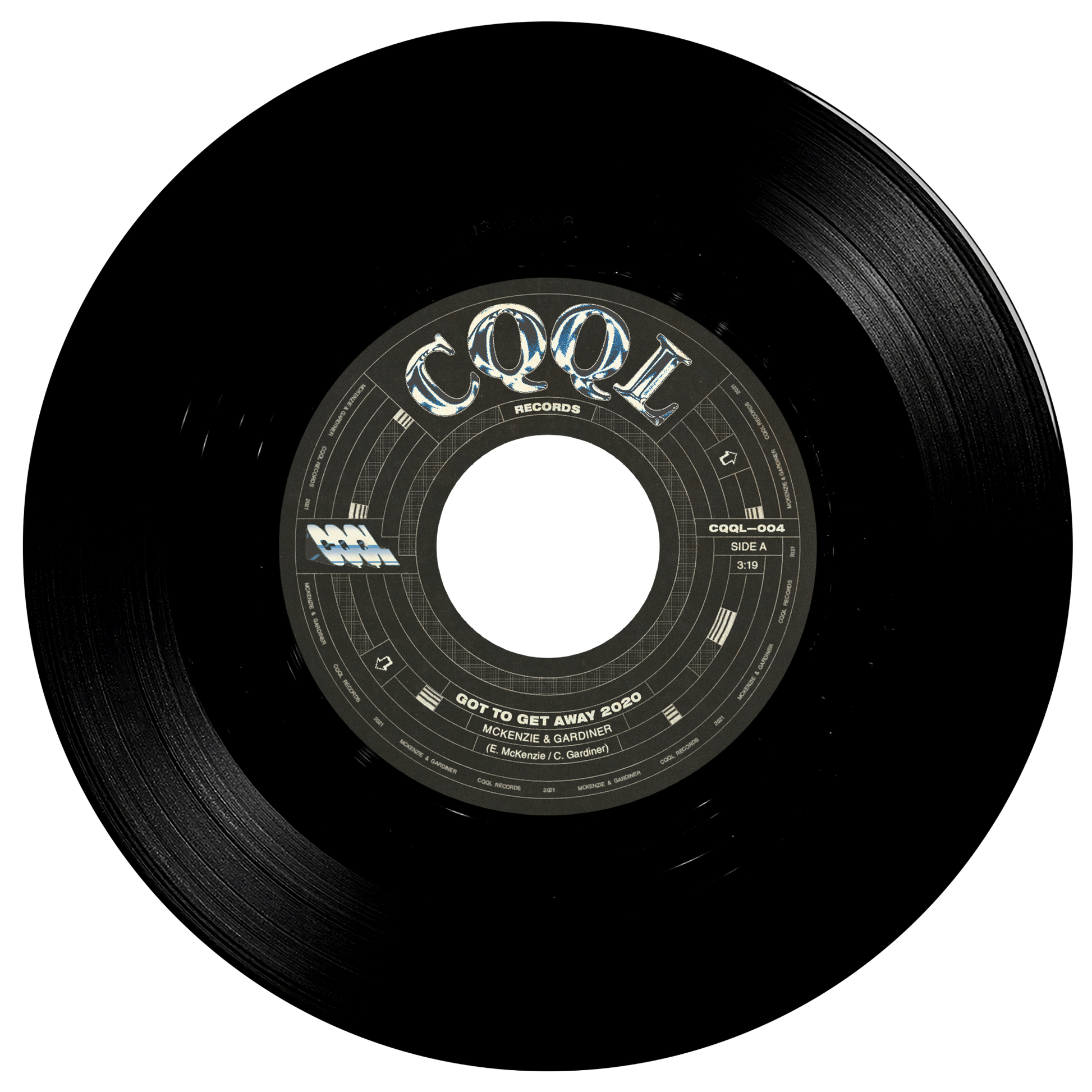 Black vinyl record with 'CQQL' label on a white background