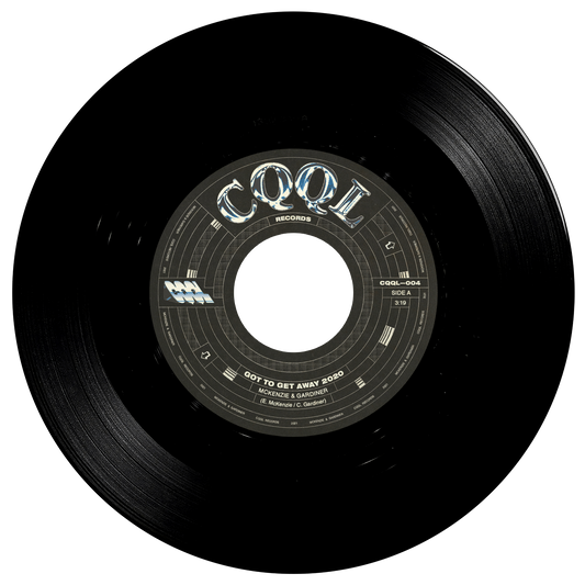 Black vinyl record with 'CQQL' label on a white background