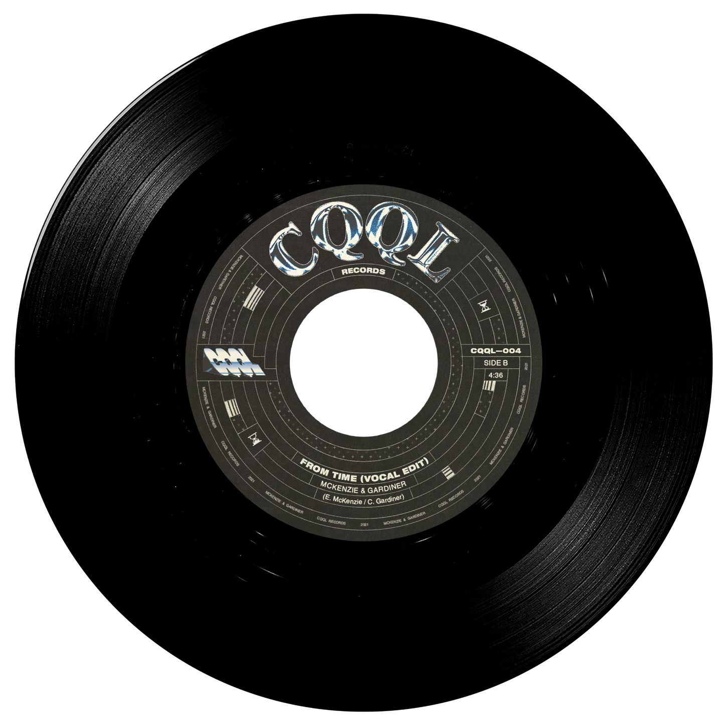 Black vinyl record with 'CQQL' records label on a white background