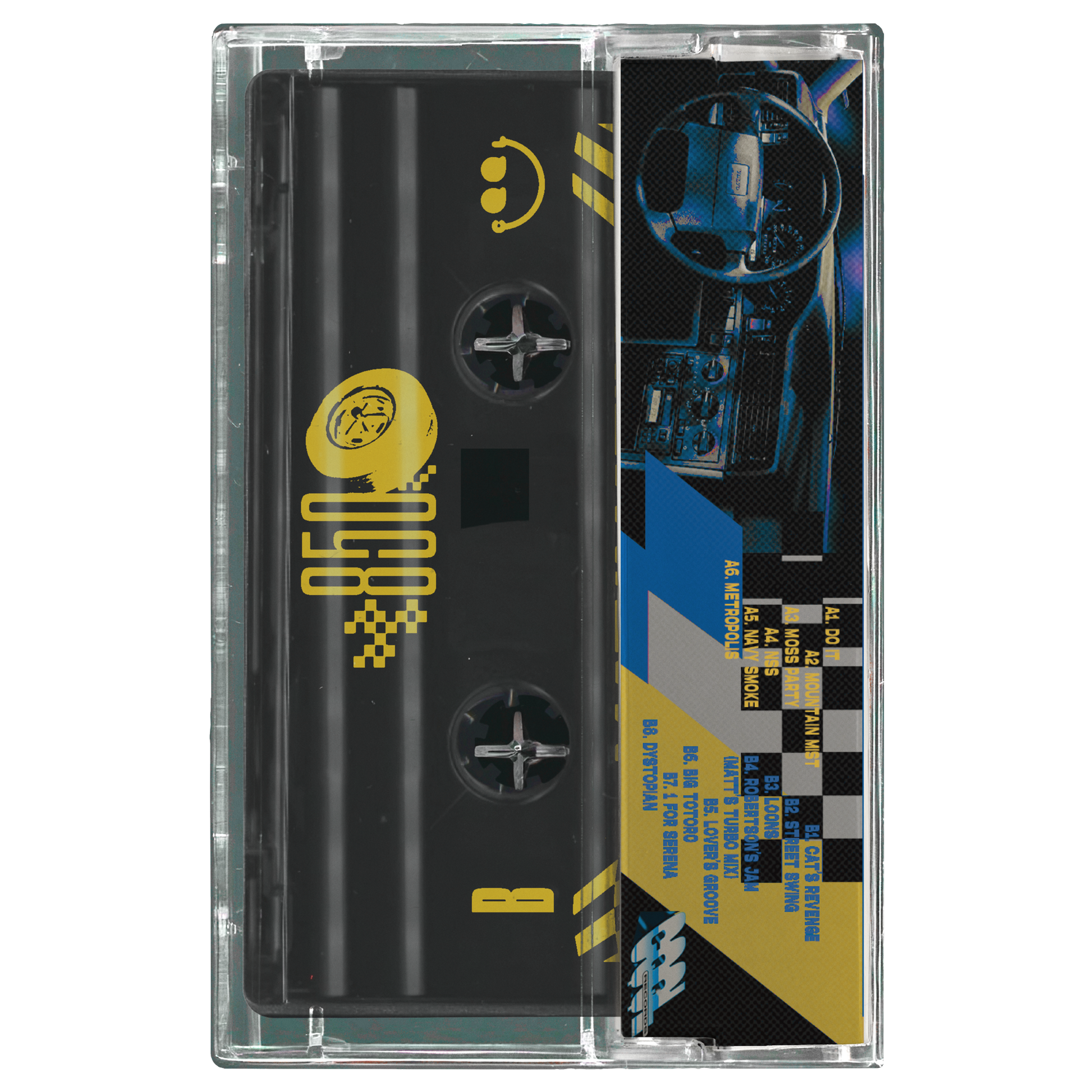 Cassette tape with a checkered design and yellow logo on a white background