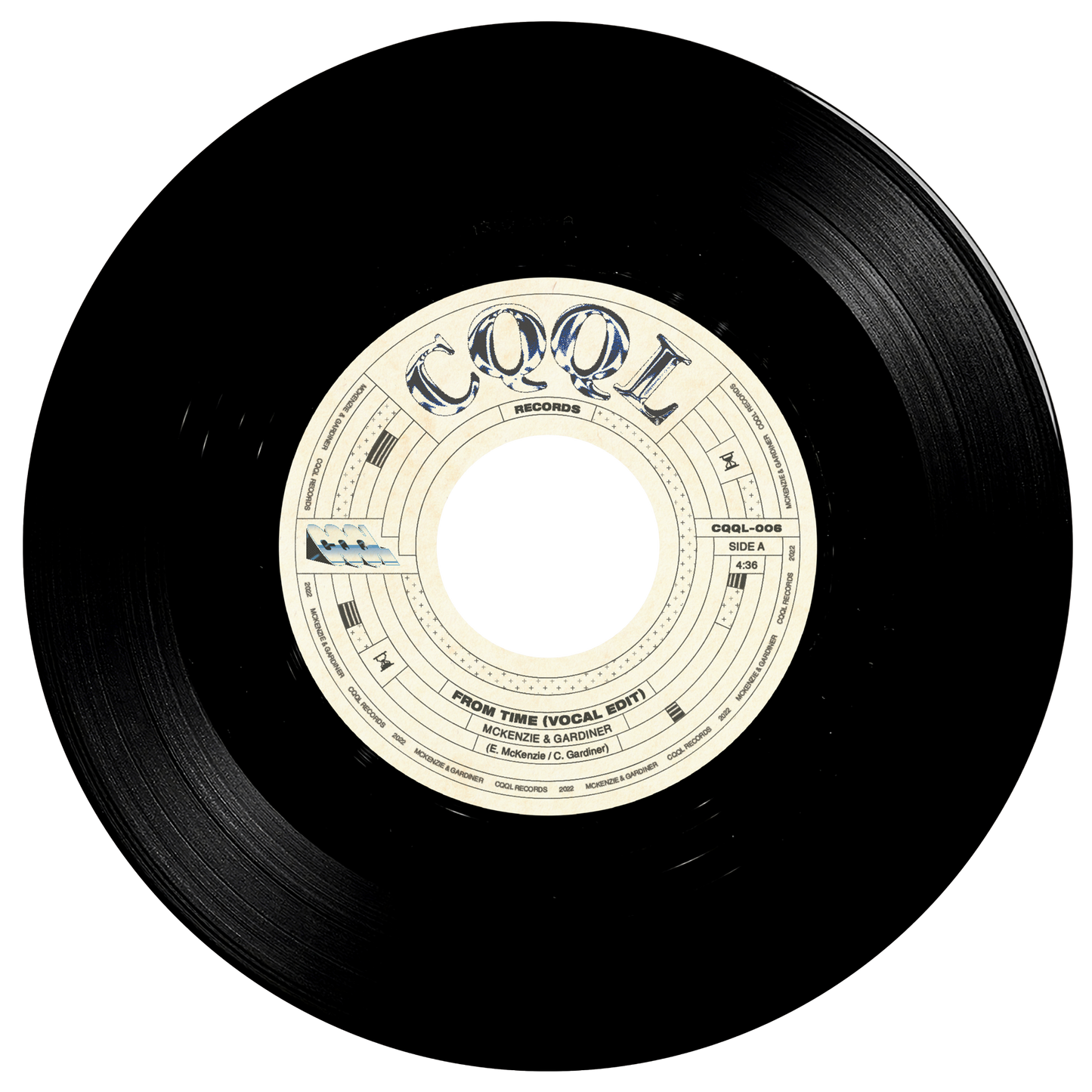 Black vinyl record with a white label on a white background