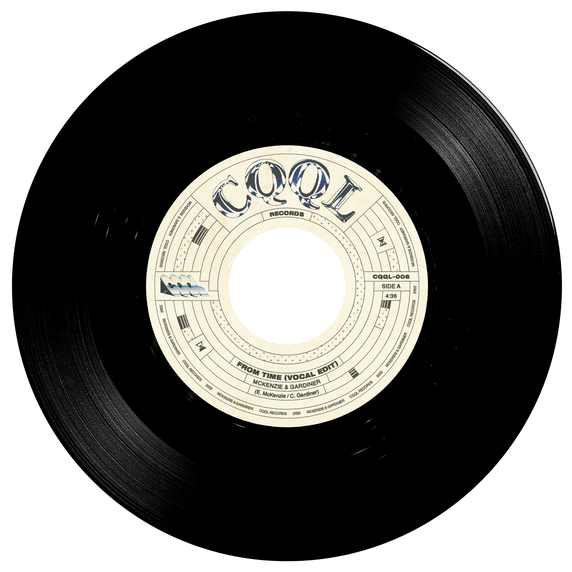 Black vinyl record with a white label on a white background