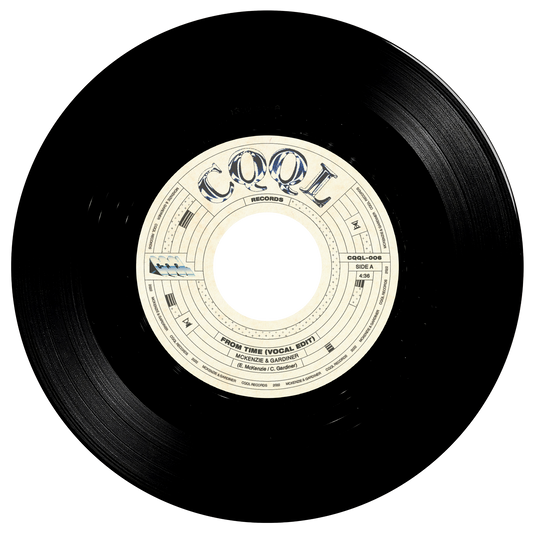 Black vinyl record with a white label on a white background