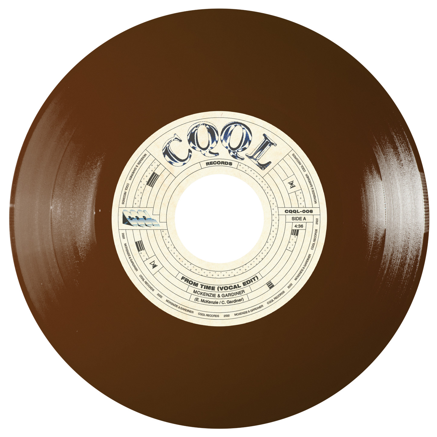Brown vinyl record with a white label on a white background