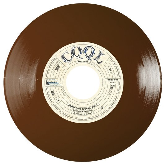 Brown vinyl record with a white label on a white background