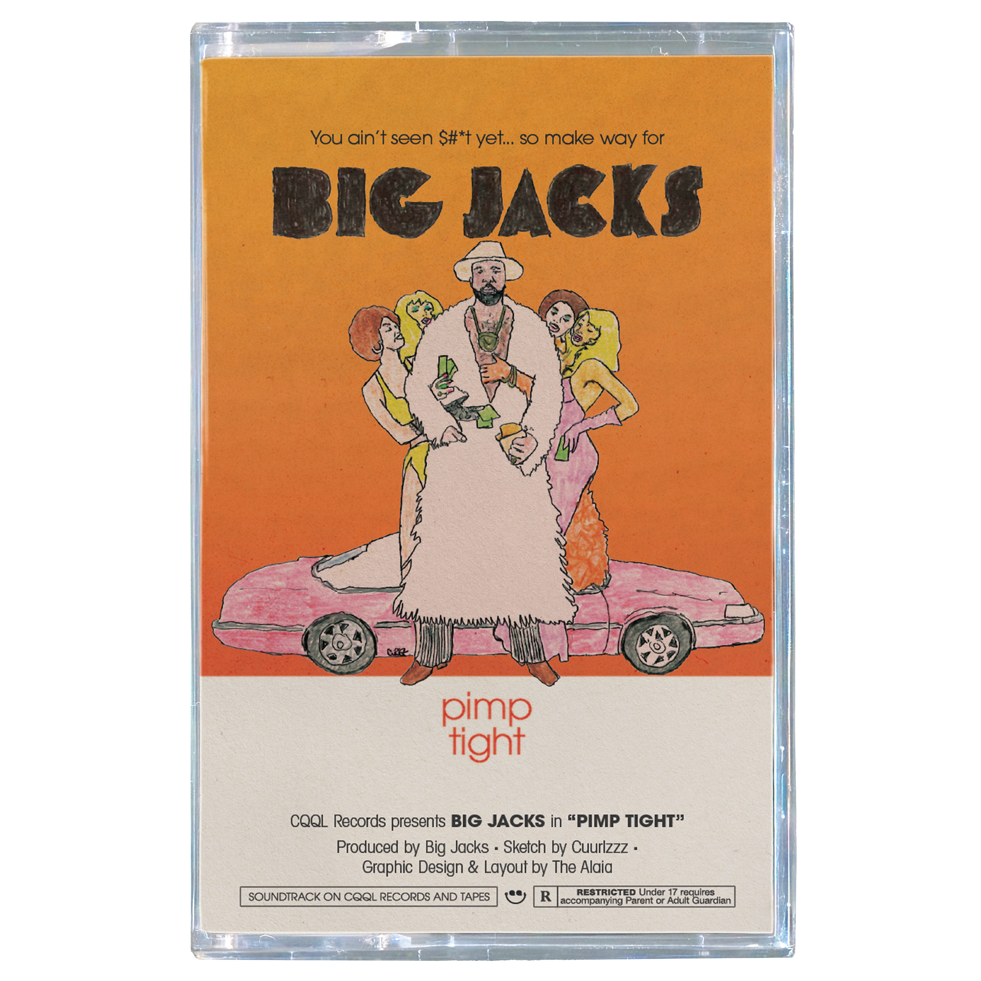 Cassette tape with 'Big Jacks' album cover featuring a person on a pink car against an orange background.
