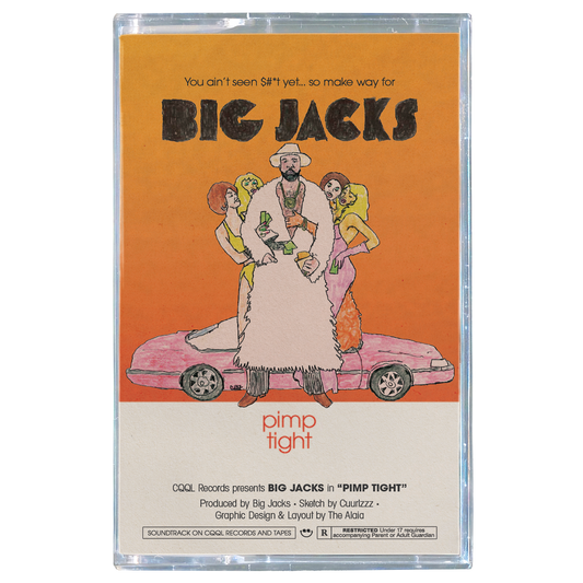 Cassette tape with 'Big Jacks' album cover featuring a person on a pink car against an orange background.