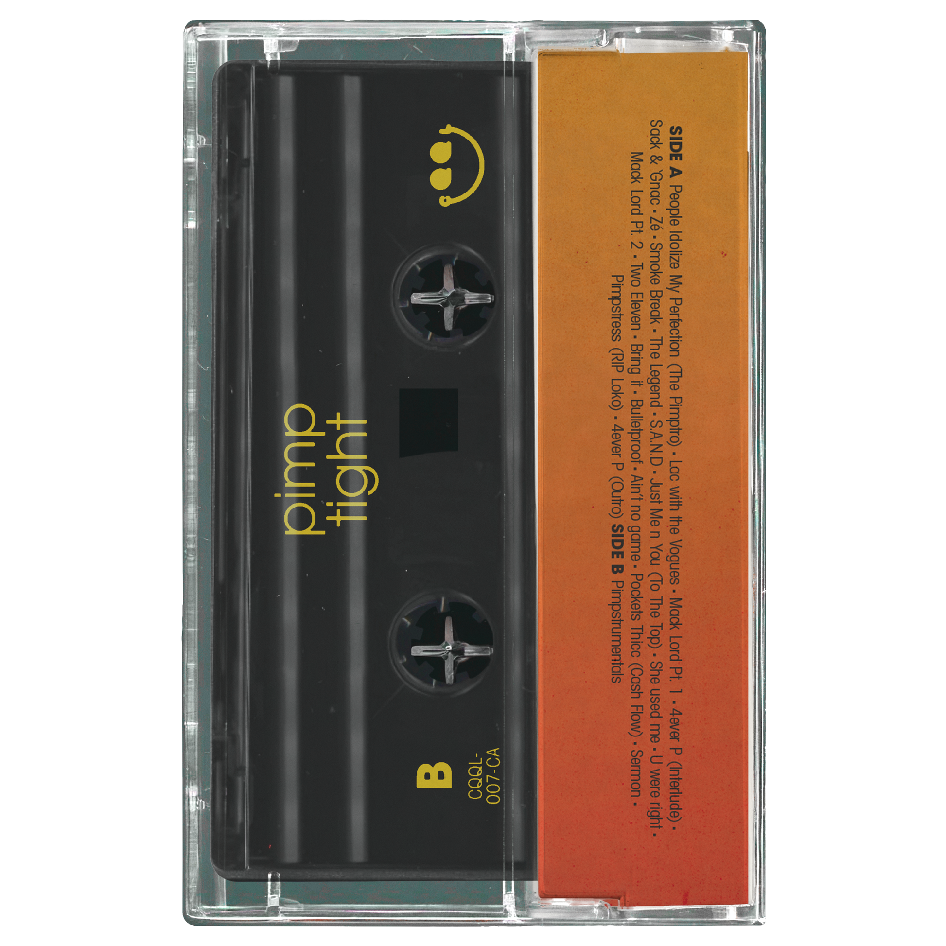 Cassette tape with 'pimp tight' branding on a white background