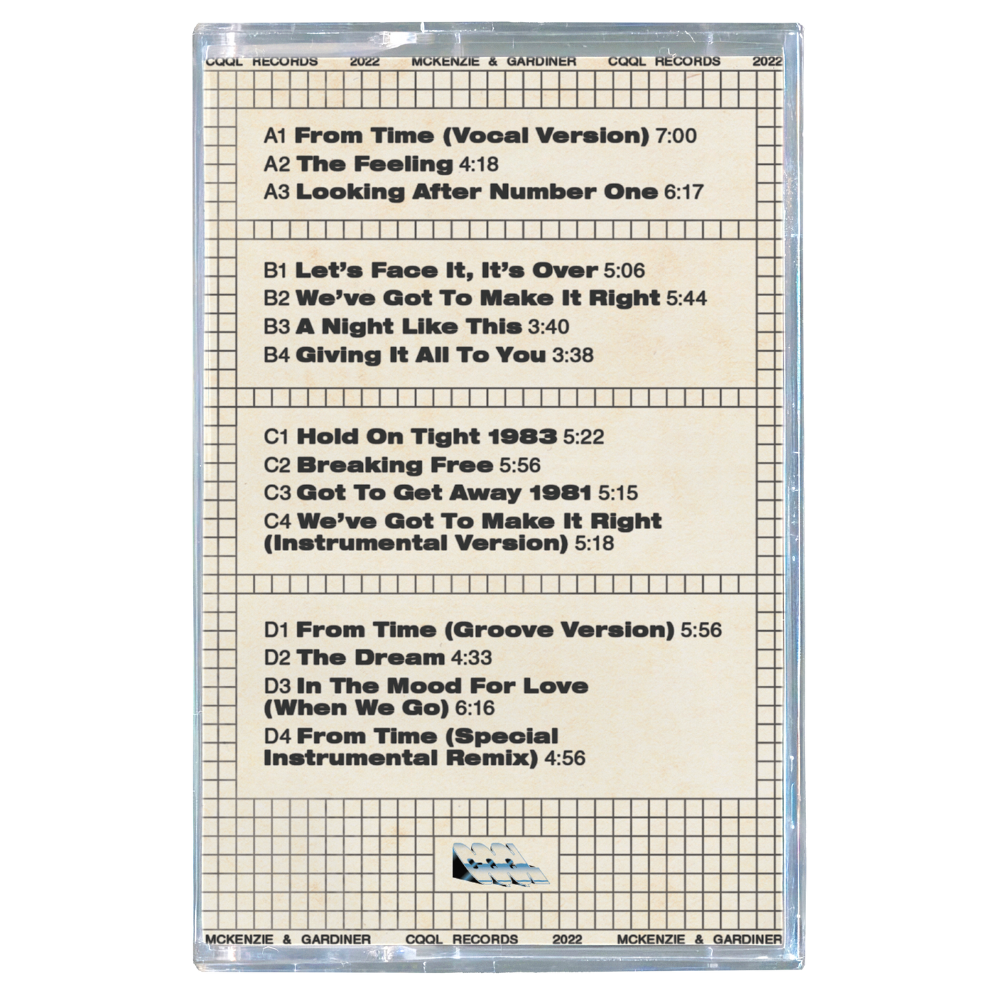 Cassette tape with tracklist on a white background