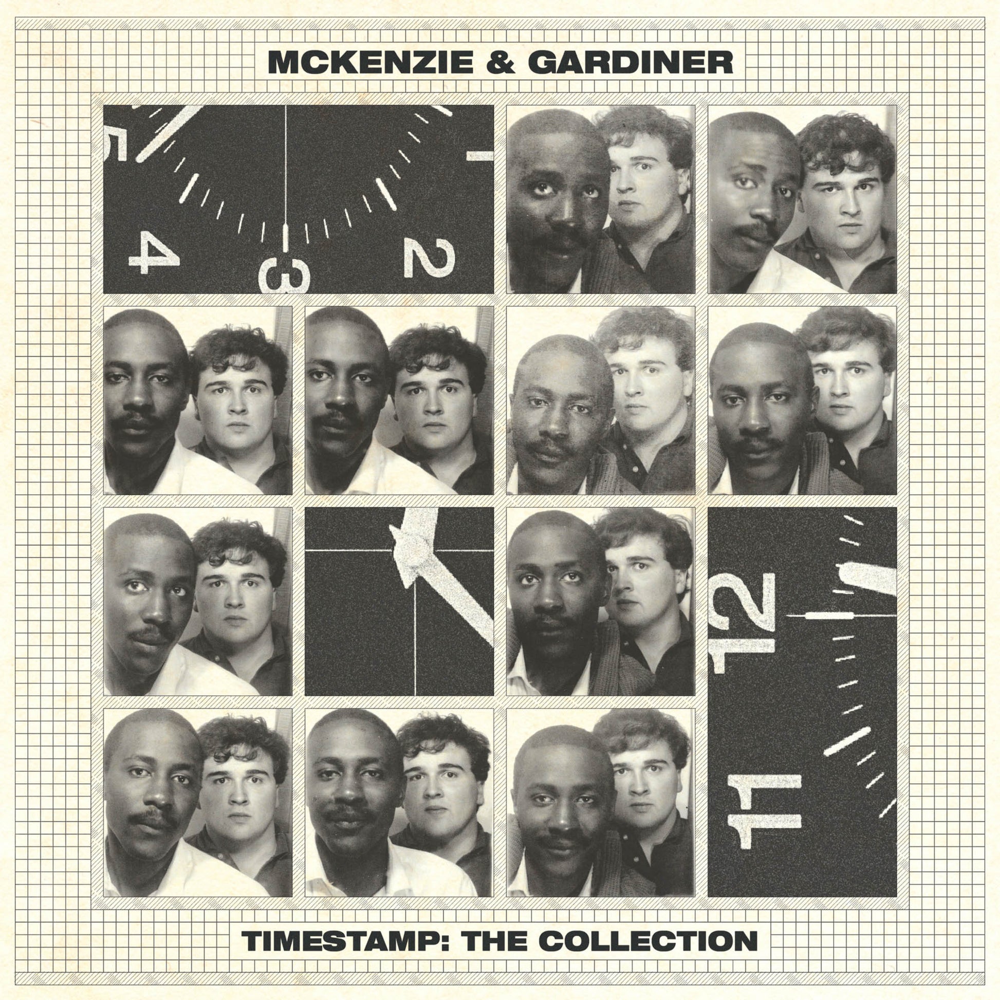 Album cover with grid of black and white portraits and clock design, featuring 'Mckenzie & Gardiner' and 'Timestamp: The Collection'.
