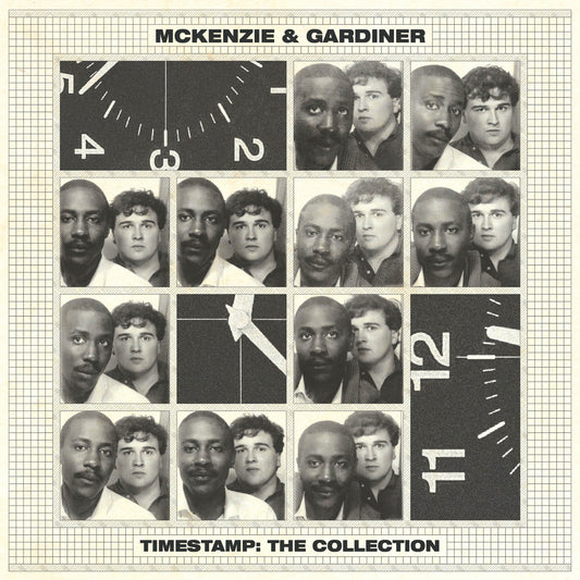 Album cover with grid of black and white portraits and clock design, featuring 'Mckenzie & Gardiner' and 'Timestamp: The Collection'.