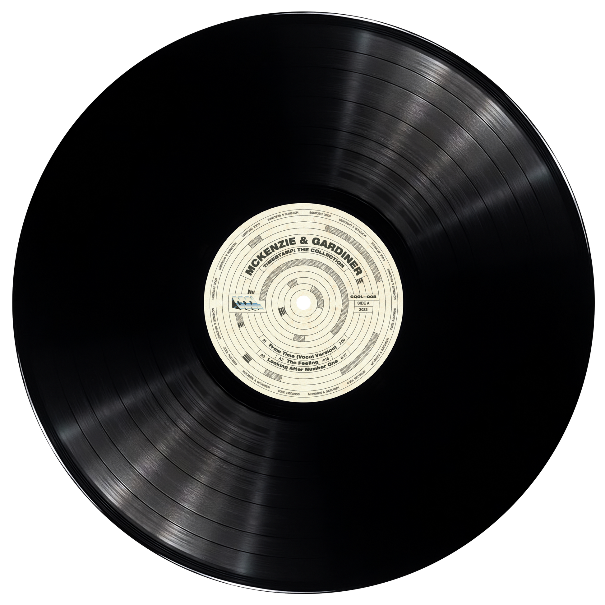 Black vinyl record with a white label on a white background