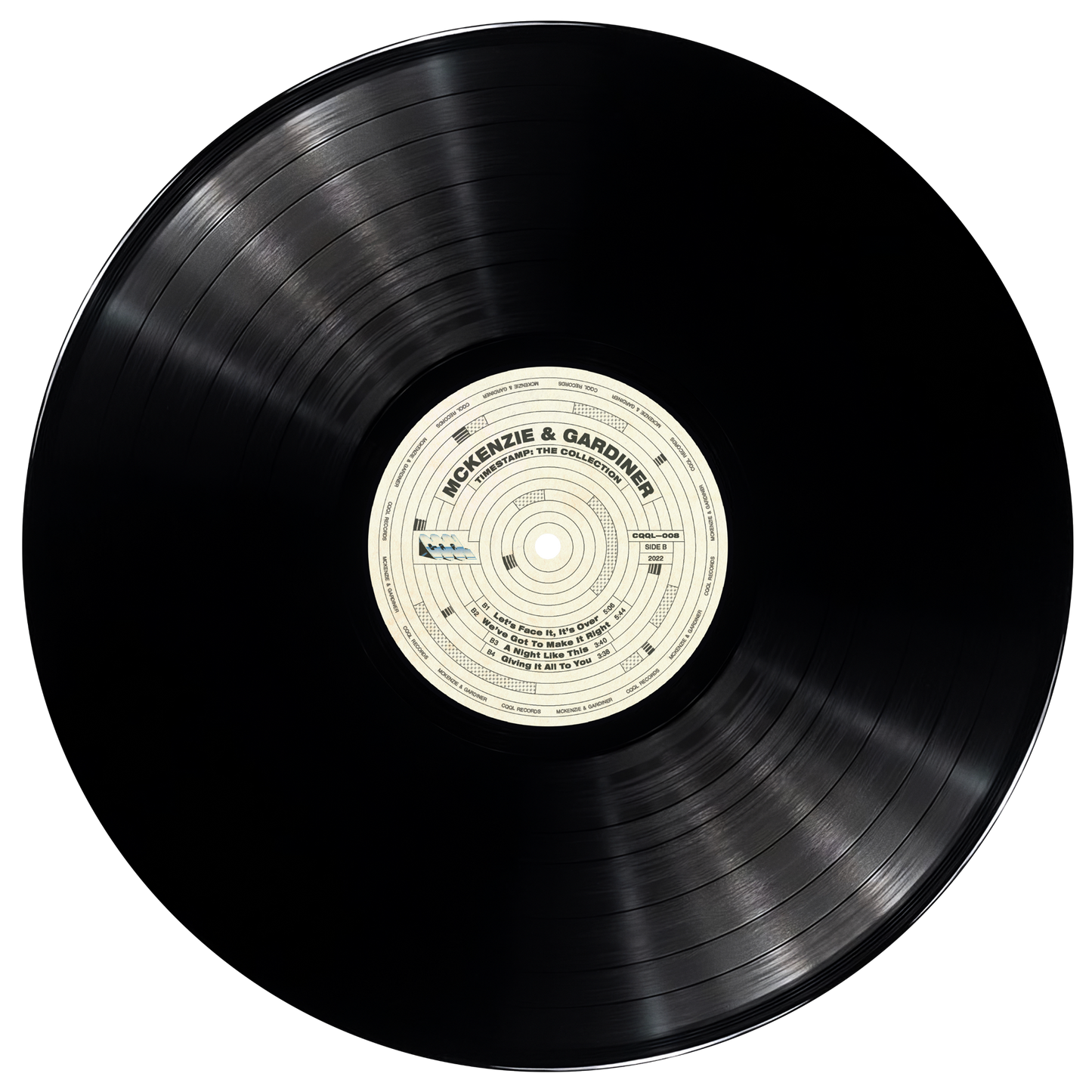 Black vinyl record with a white label on a white background