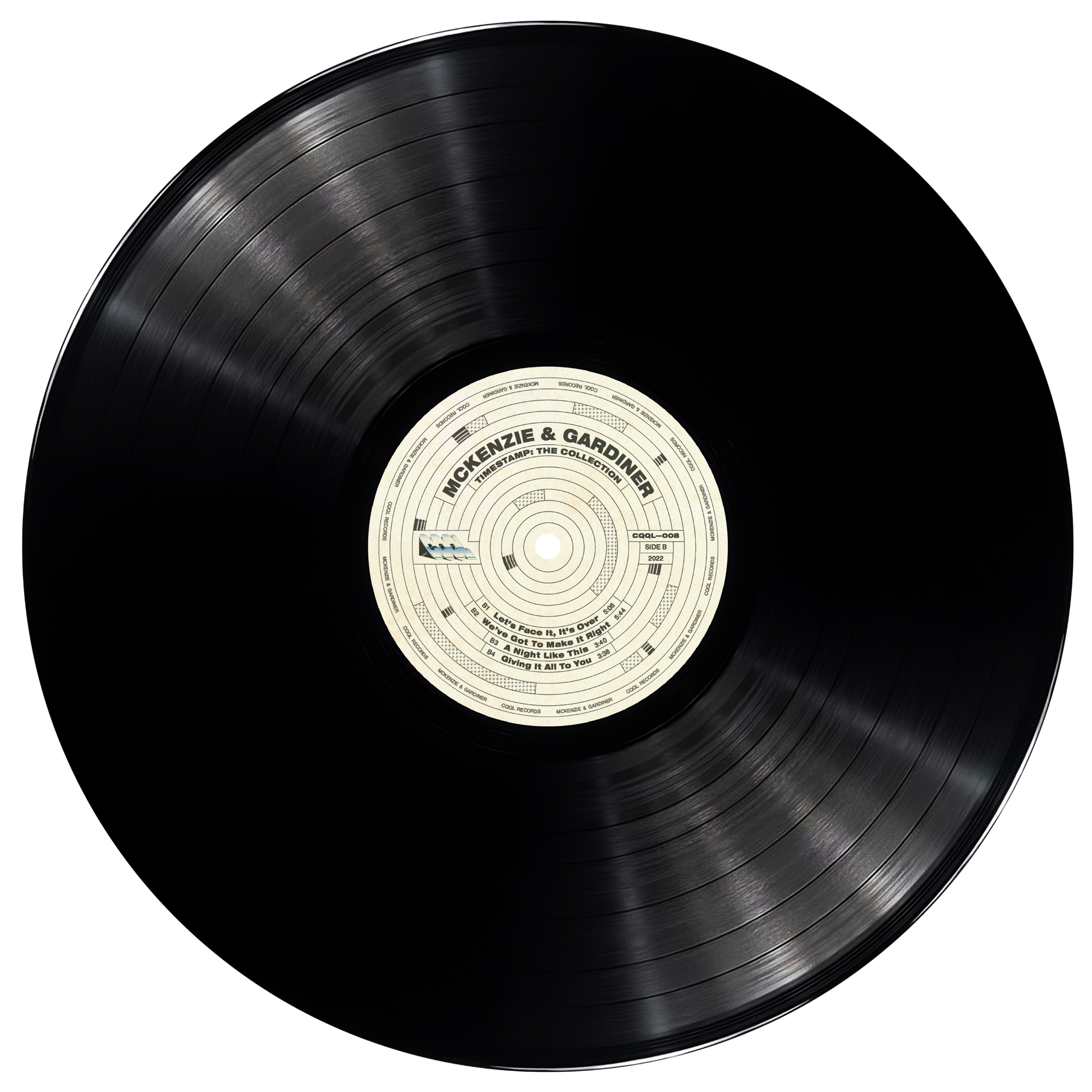 Black vinyl record with a white label on a white background