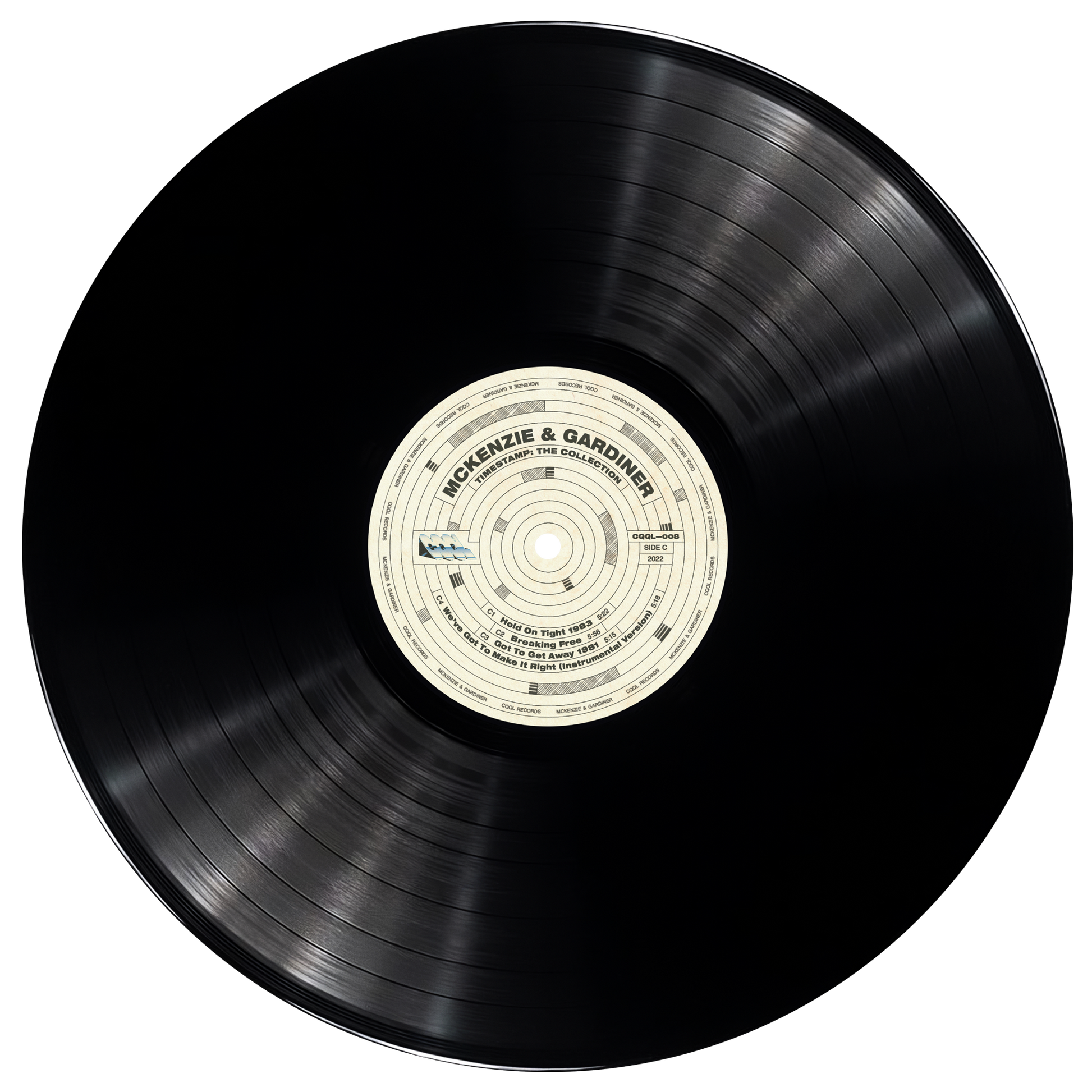 Black vinyl record with a label on a white background