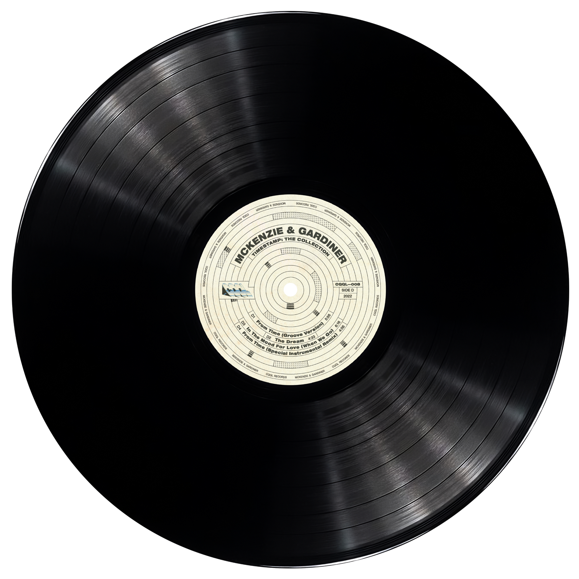 Black vinyl record with a label on a white background
