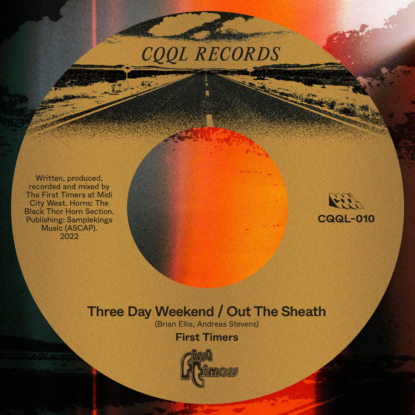 Vinyl record label with desert road illustration and CQQL Records branding