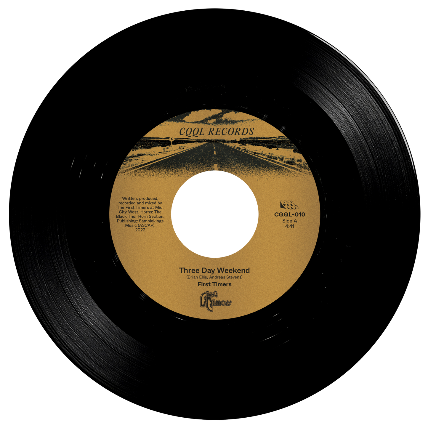 Black vinyl record with a yellow label on a white background