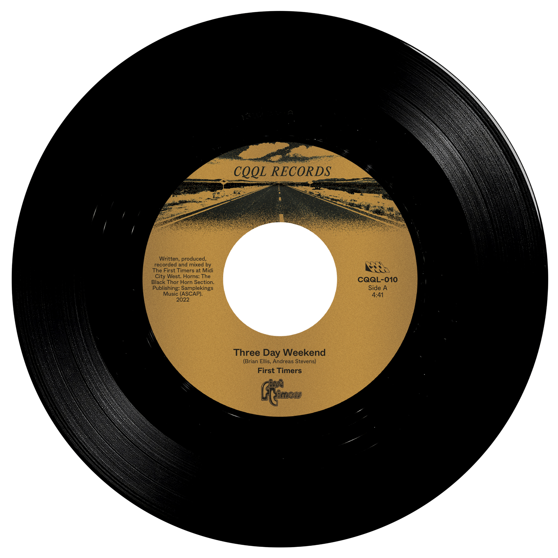 Black vinyl record with a yellow label on a white background